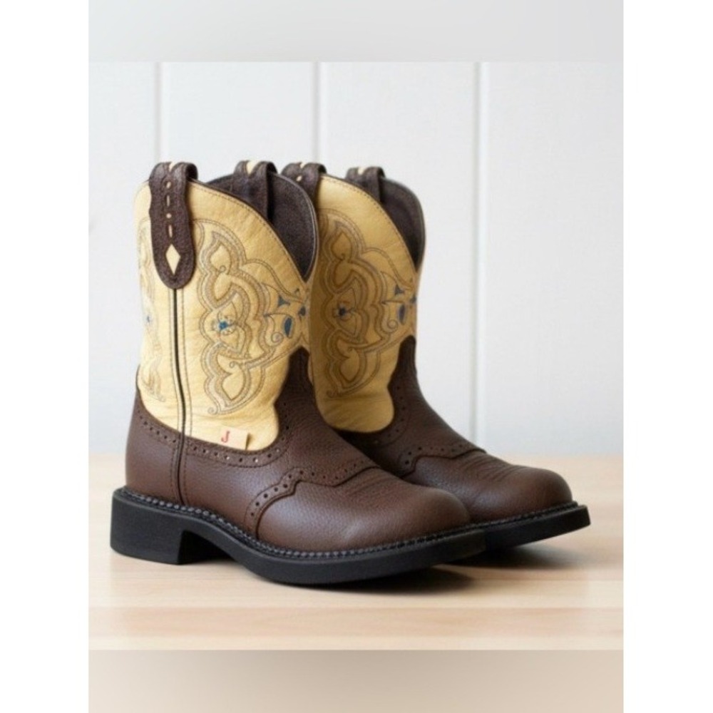 Justin Gypsy Women's 6B Brown & Cream Leather Western Cowboy Boots Embroidered